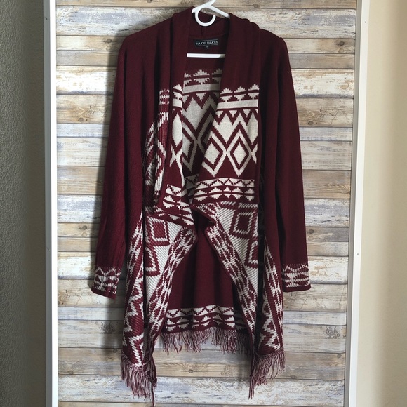 Almost Famous Sweaters - Almost Famous Long Open Front Maroon Knit Cardigan